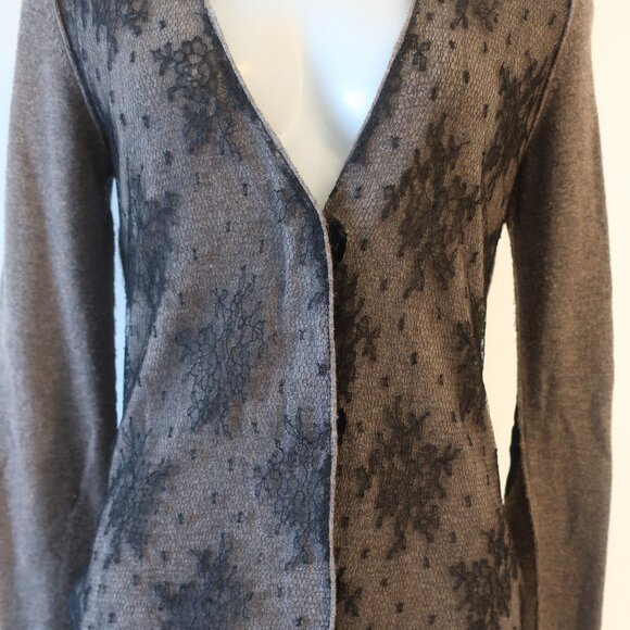 Womens Zhor & Nema Paris Taupe Black V-Neck Wool Cashmere Lace Cardigan M - Picture 4 of 15